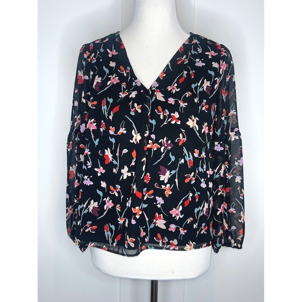 Madewell Black Floral Chiffon V-Neck Blouse Long Sleeve Sheer Lined Small